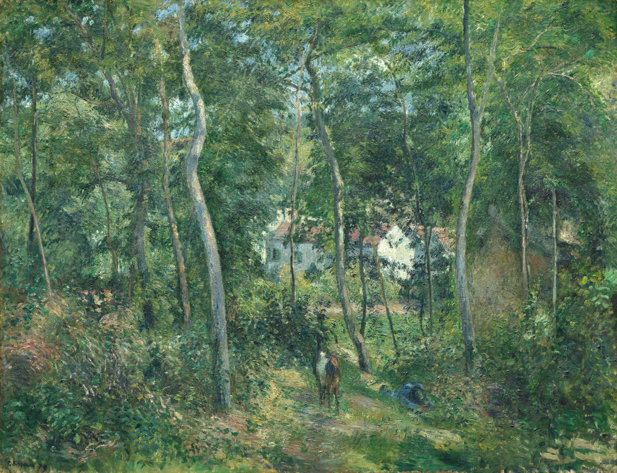 Edge of the Woods by Pissarro: tall thin trees in a sunlit green wood, a man resting in the grass, a house glimpsed beyond
