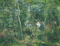 Edge of the Woods by Pissarro: tall thin trees in a sunlit green wood, a man resting in the grass, a house glimpsed beyond