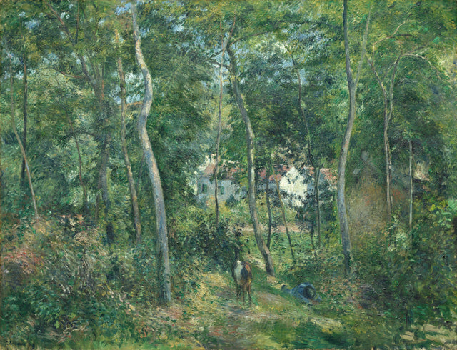 Edge of the Woods by Pissarro: tall thin trees in a sunlit green wood, a man resting in the grass, a house glimpsed beyond