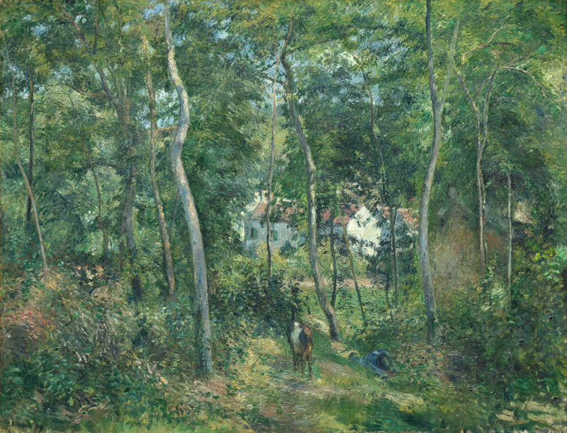 Edge of the Woods by Pissarro: tall thin trees in a sunlit green wood, a man resting in the grass, a house glimpsed beyond