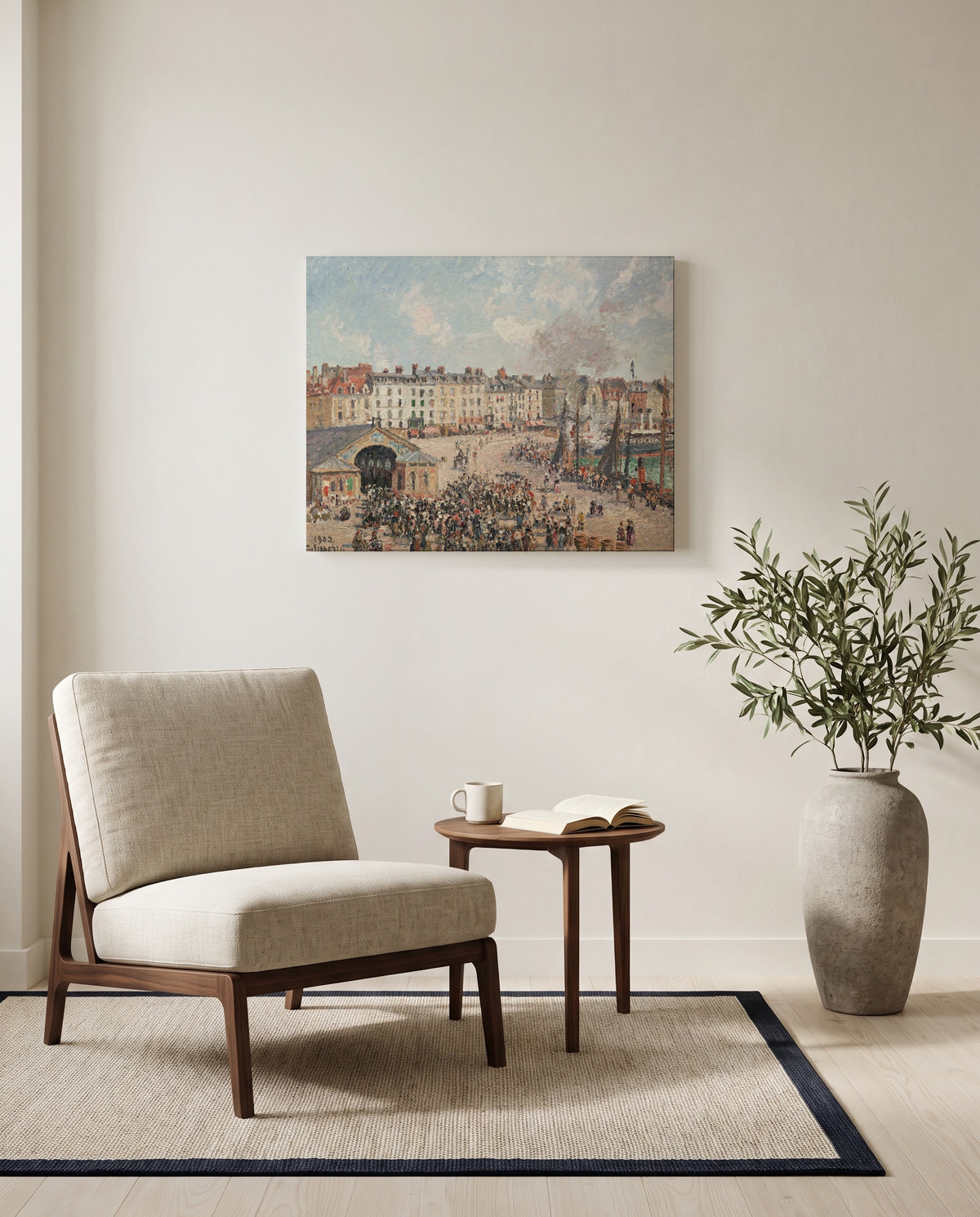 Fishmarket, Dieppe by Camille Pissarro as a stretched canvas above a linen lounge chair in a reading corner