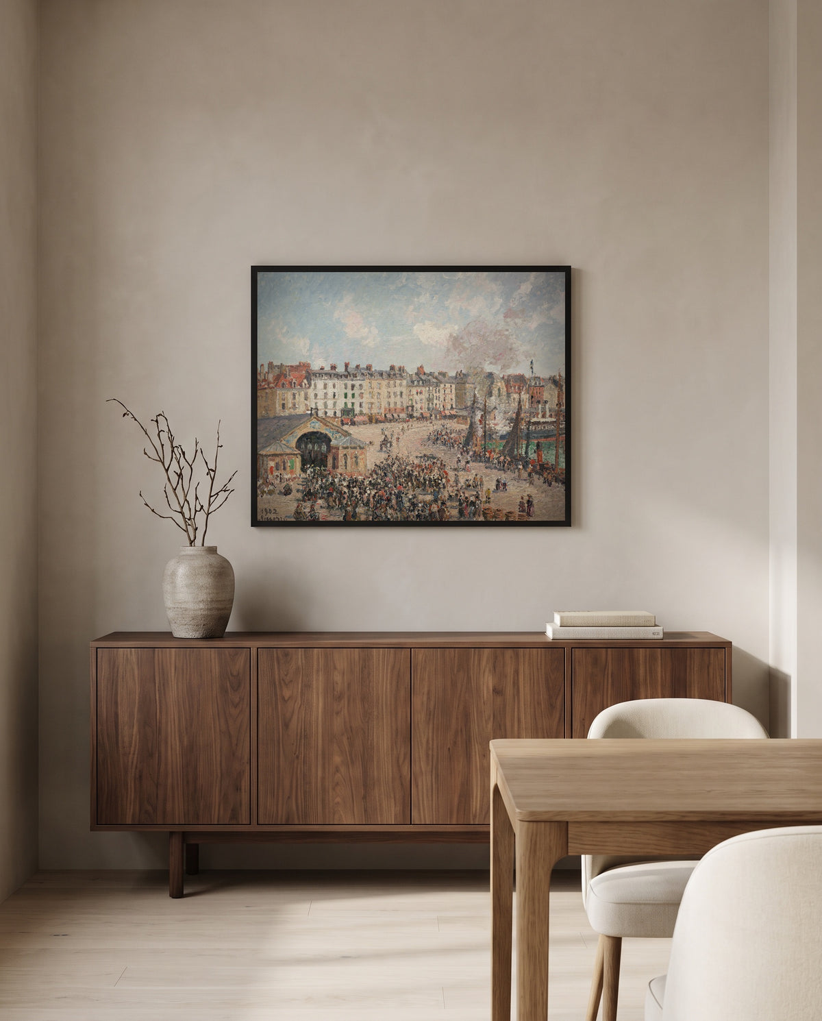 Fishmarket, Dieppe by Camille Pissarro in a black frame above a walnut sideboard in a dining room