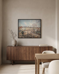 Fishmarket, Dieppe by Camille Pissarro in a black frame above a walnut sideboard in a dining room