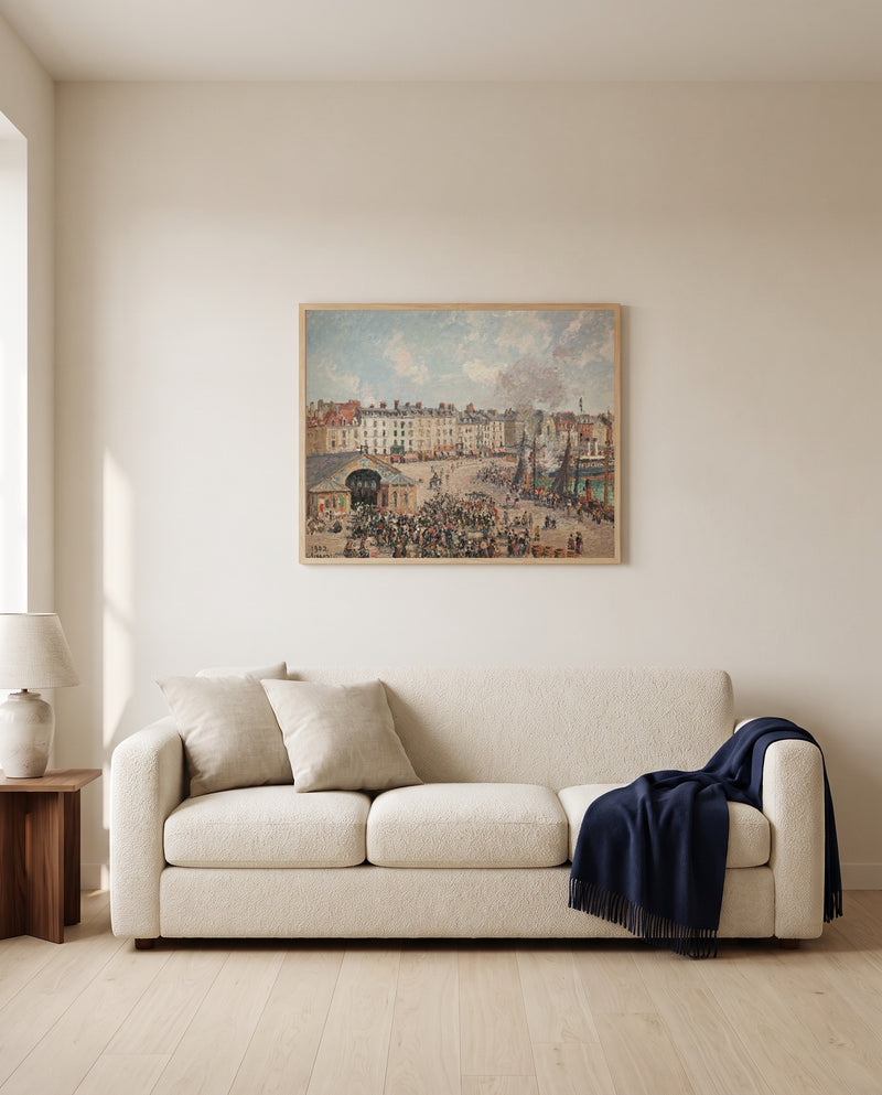 Fishmarket, Dieppe by Camille Pissarro framed in natural oak above a cream sofa in a warm living room