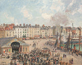 Fishmarket by Pissarro: a busy harbour market from above, crowds, boats and buildings under a sky with steam and clouds