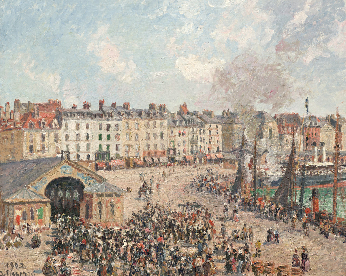 Fishmarket by Pissarro: a busy harbour market from above, crowds, boats and buildings under a sky with steam and clouds