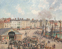 Fishmarket by Pissarro: a busy harbour market from above, crowds, boats and buildings under a sky with steam and clouds