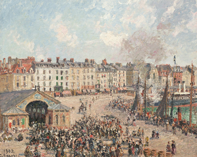 Fishmarket by Pissarro: a busy harbour market from above, crowds, boats and buildings under a sky with steam and clouds
