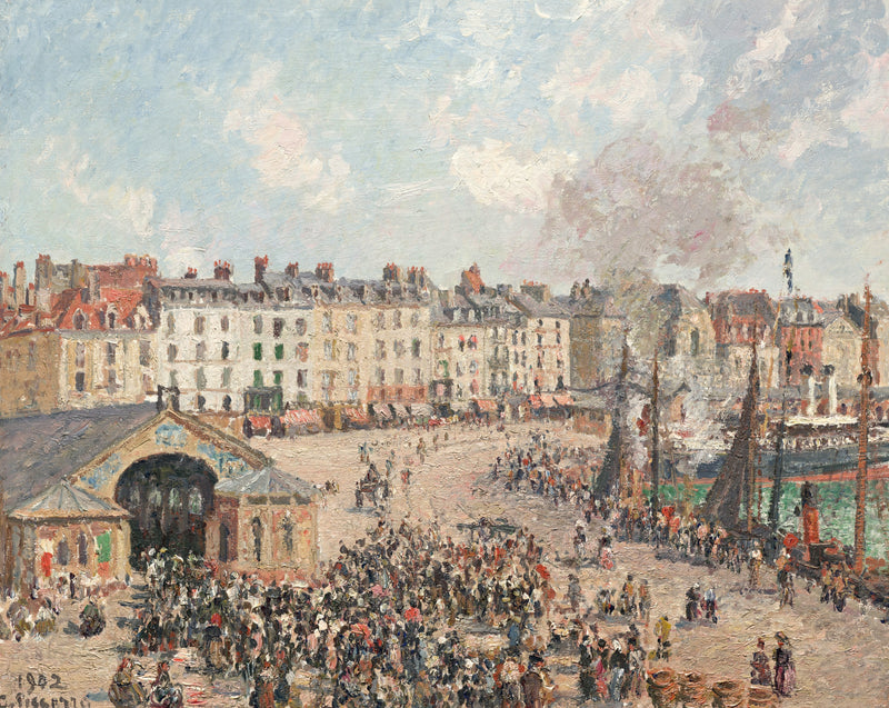 Fishmarket by Pissarro: a busy harbour market from above, crowds, boats and buildings under a sky with steam and clouds