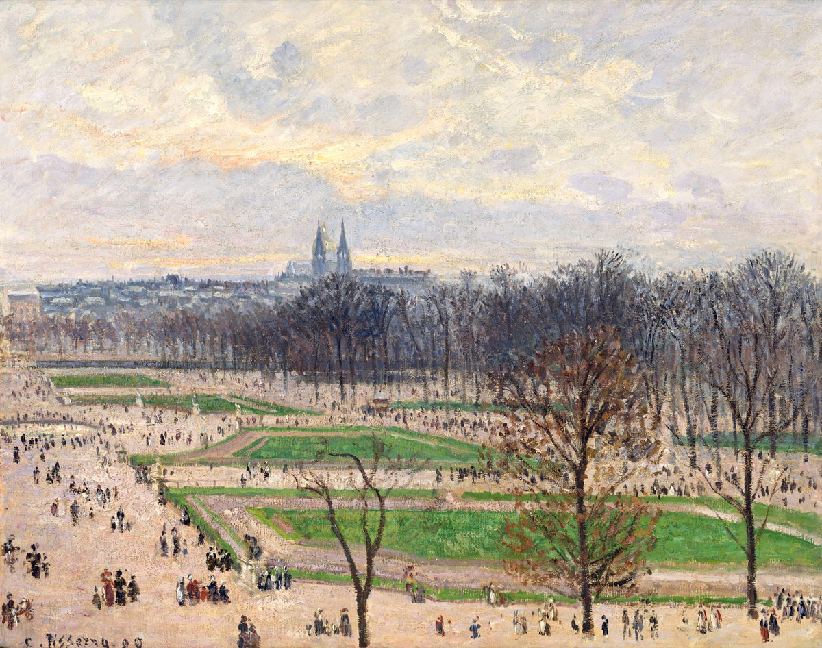 The Garden of the Tuileries on a Winter Afternoon by Pissarro: bare trees, lawns and strollers, steeples under a pale sky