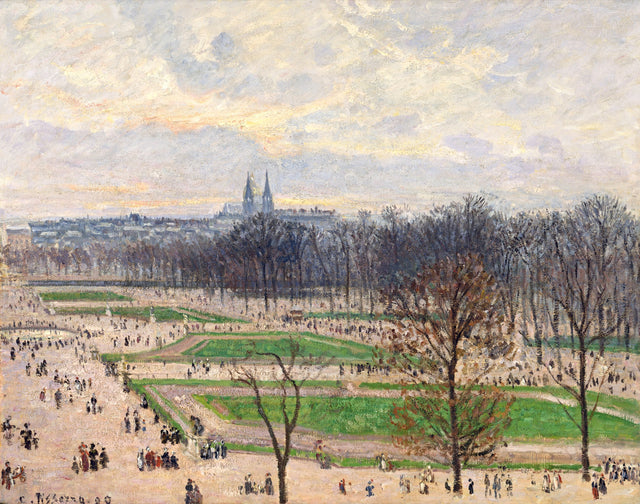 The Garden of the Tuileries on a Winter Afternoon by Pissarro: bare trees, lawns and strollers, steeples under a pale sky