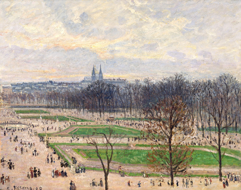 The Garden of the Tuileries on a Winter Afternoon by Pissarro: bare trees, lawns and strollers, steeples under a pale sky