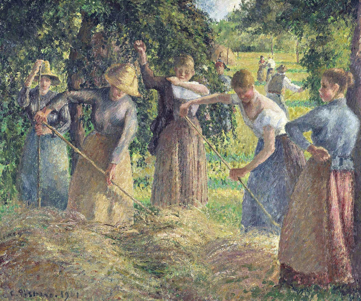 Hay Harvest at Éragny by Pissarro: women in long skirts and headscarves rake and gather hay in a sunny field under trees