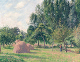 Haystacks, Morning, Éragny by Pissarro: pink-gold haystacks in a green meadow beneath tall leafy trees, a figure nearby