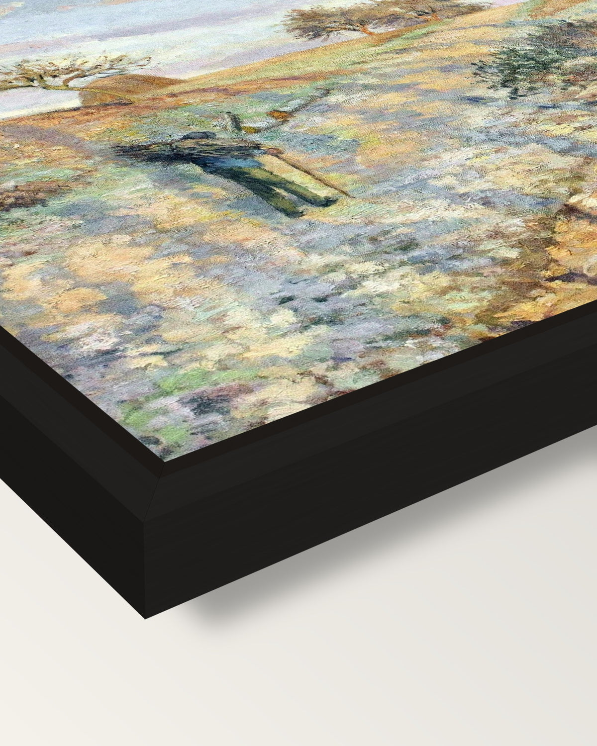 Hoarfrost by Camille Pissarro framed canvas, corner close-up: a black floating frame with a shadow gap round the canvas
