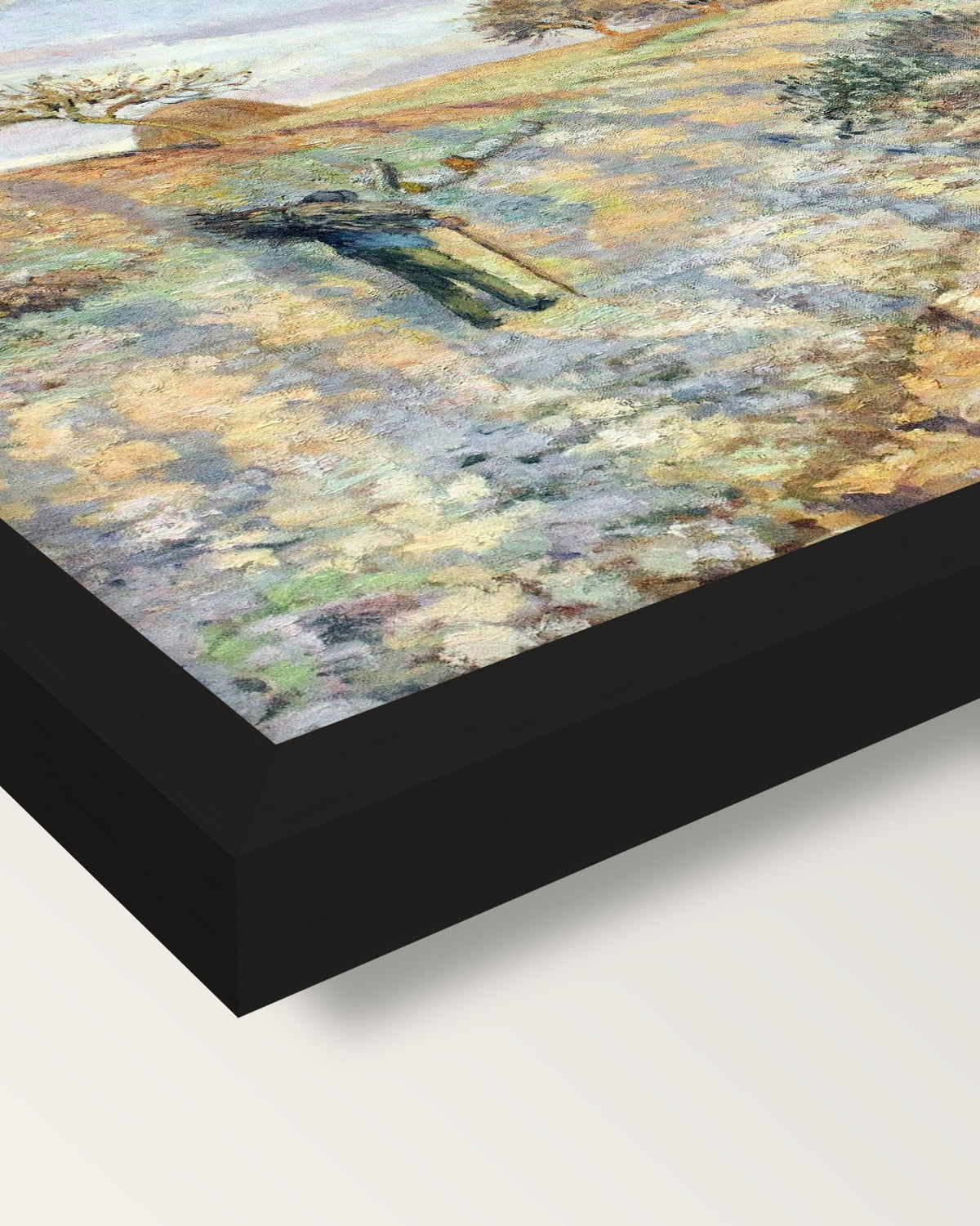 Hoarfrost by Camille Pissarro framed print, corner close-up: black moulding, mitred, the print set just below its edge