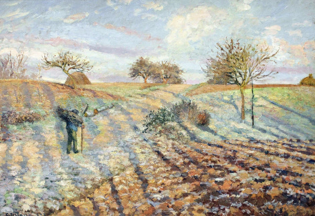 Hoarfrost by Camille Pissarro: a man carrying a bundle along a frosty ploughed field, long blue shadows, bare trees