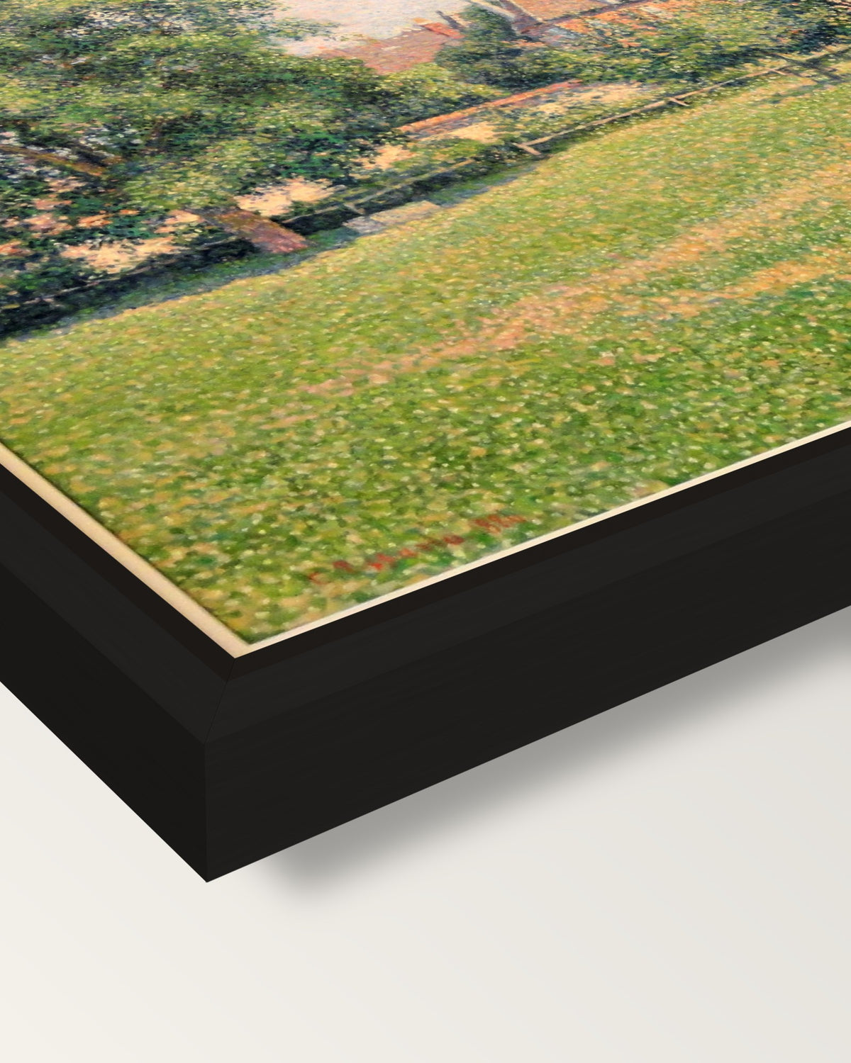 The House of the Deaf Woman framed canvas, corner close-up: a black floating frame with a shadow gap round the canvas