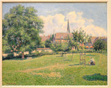 The House of the Deaf Woman by Pissarro: a brick house and church steeple behind trees and a sunny yard, painted in dots