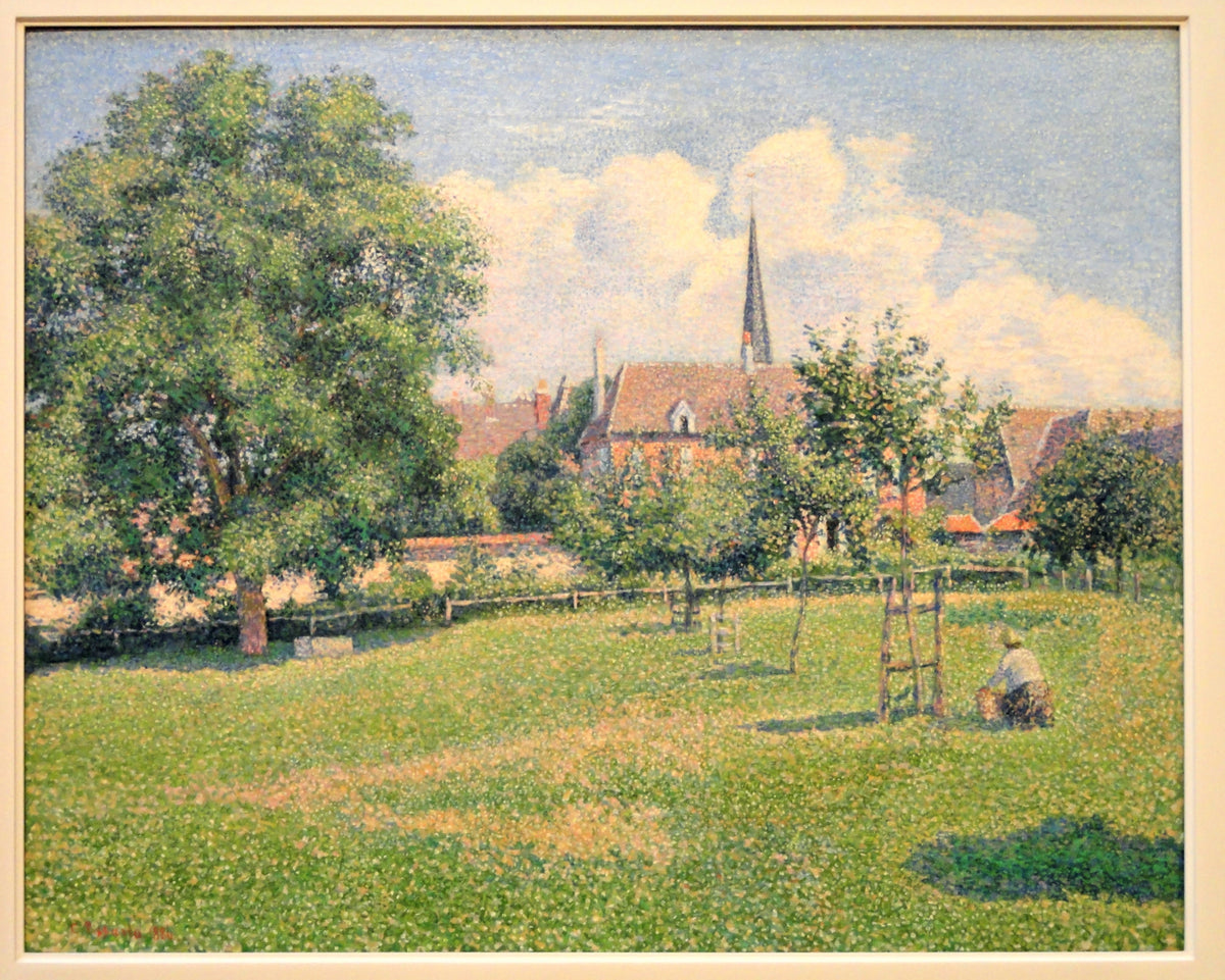 The House of the Deaf Woman by Pissarro: a brick house and church steeple behind trees and a sunny yard, painted in dots