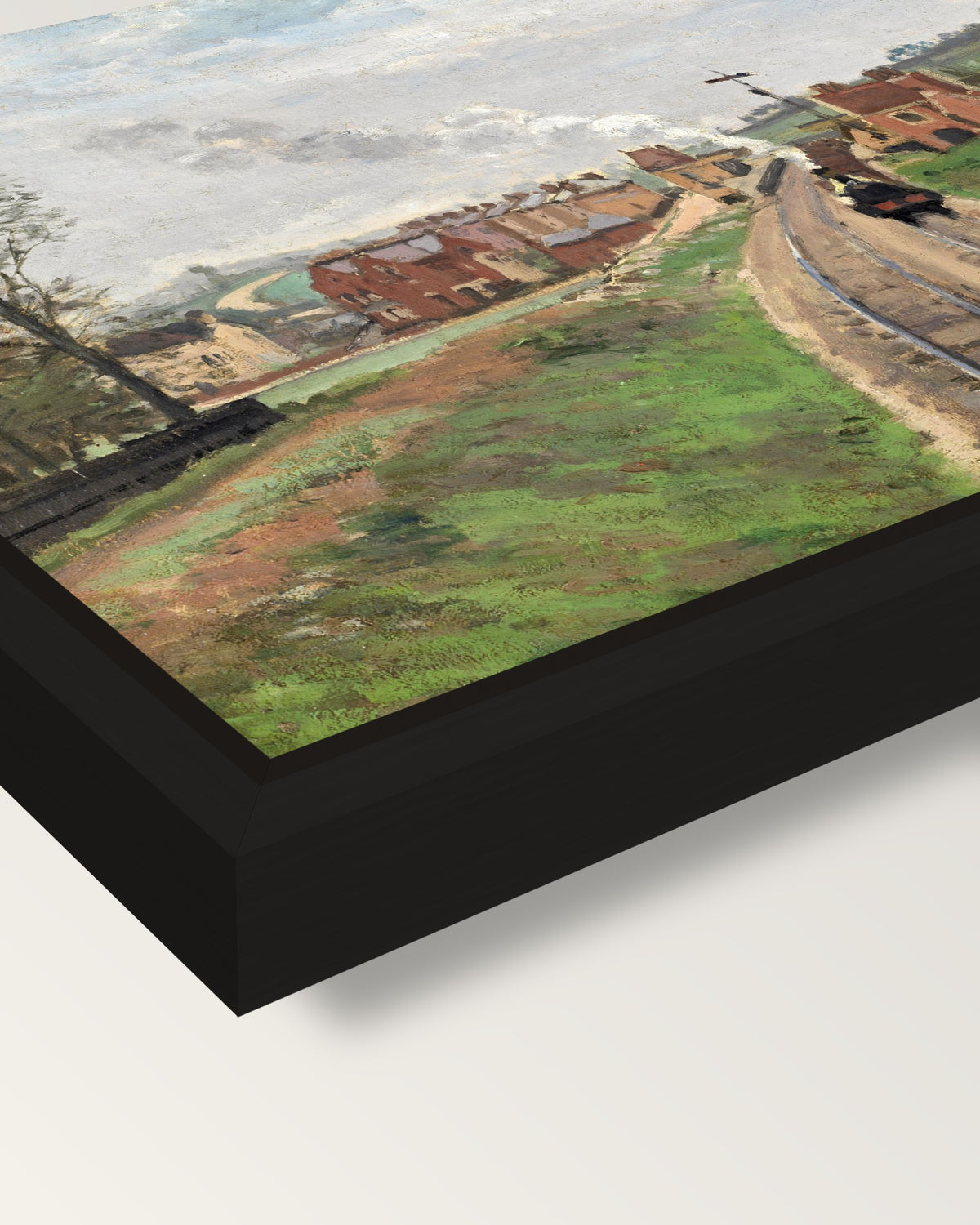 Lordship Lane Station by Pissarro framed canvas, corner close-up: a black floating frame with a shadow gap round the canvas