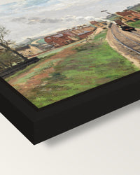 Lordship Lane Station by Pissarro framed canvas, corner close-up: a black floating frame with a shadow gap round the canvas