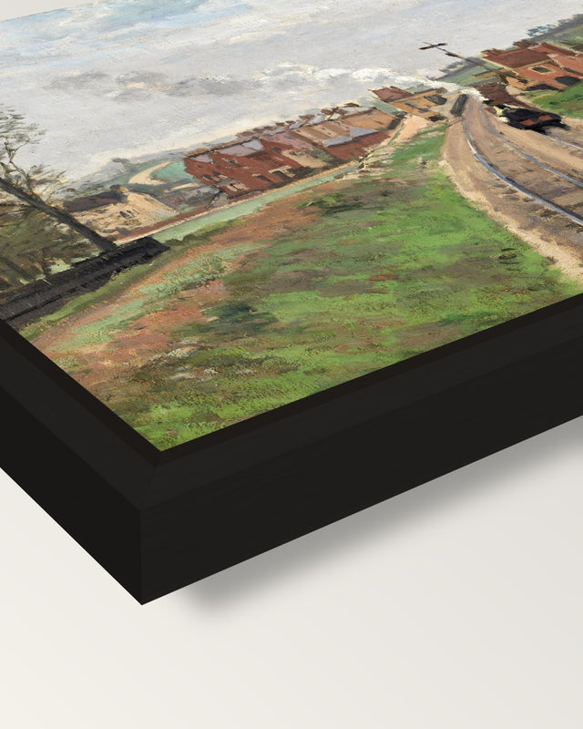 Lordship Lane Station by Pissarro framed canvas, corner close-up: a black floating frame with a shadow gap round the canvas