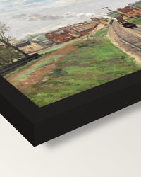 Lordship Lane Station by Pissarro framed print, corner close-up: black moulding, mitred, the print set just below its edge