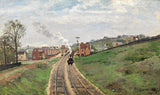 Lordship Lane Station by Pissarro: a steam train comes along a railway cutting between green banks and houses, cloudy sky