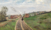 Lordship Lane Station by Pissarro: a steam train comes along a railway cutting between green banks and houses, cloudy sky