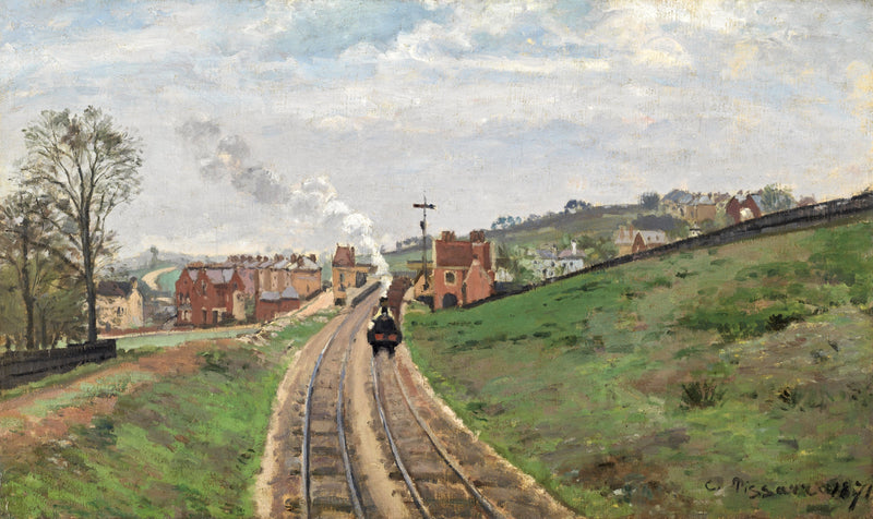 Lordship Lane Station by Pissarro: a steam train comes along a railway cutting between green banks and houses, cloudy sky