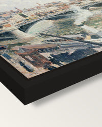 Overcast Day, Rouen by Pissarro framed canvas, corner close-up: a black floating frame with a shadow gap round the canvas