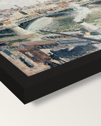 Overcast Day, Rouen by Pissarro framed print, corner close-up: black moulding, mitred, the print set just below its edge