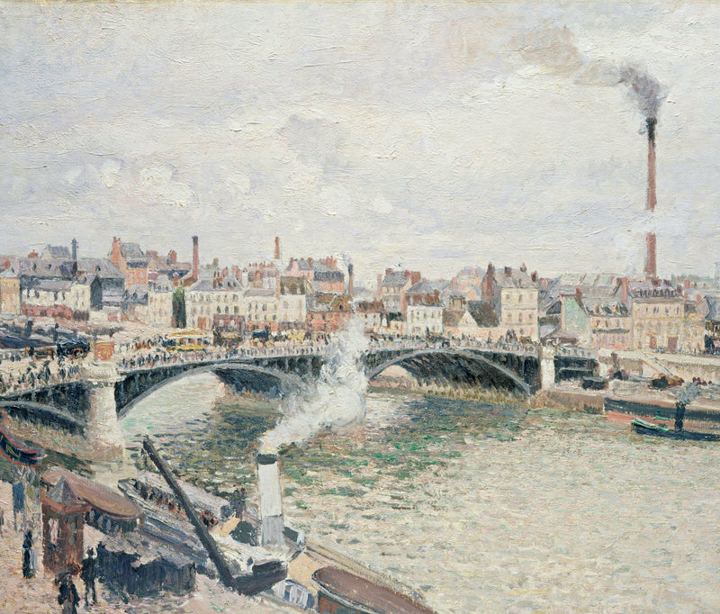 Morning, An Overcast Day, Rouen by Pissarro: an iron bridge over the Seine, boats, smoke and city buildings in grey light