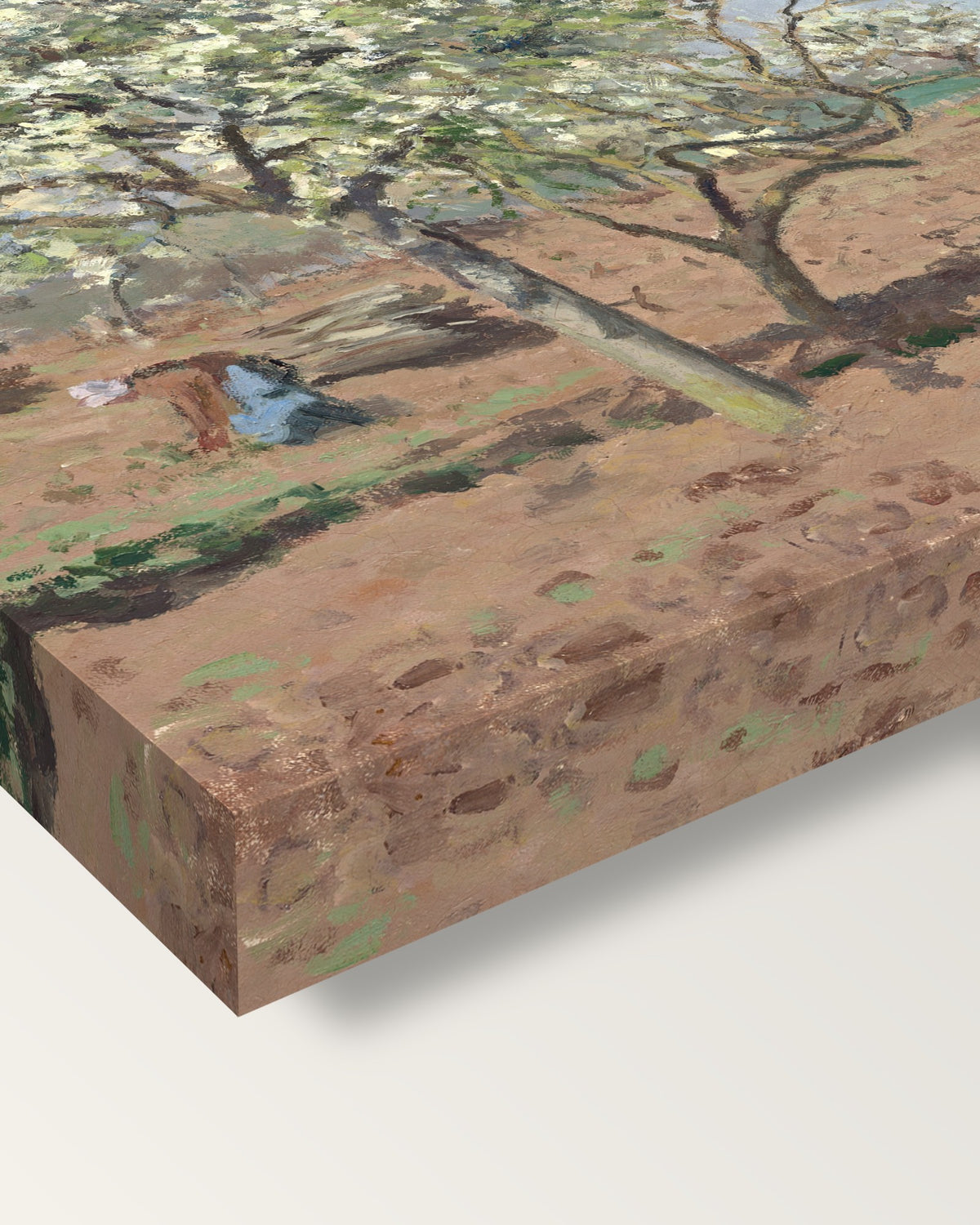 Orchard in Bloom by Camille Pissarro on stretched canvas, corner close-up: the painting mirror-wrapped round the sides