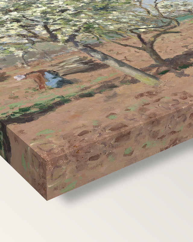 Orchard in Bloom by Camille Pissarro on stretched canvas, corner close-up: the painting mirror-wrapped round the sides