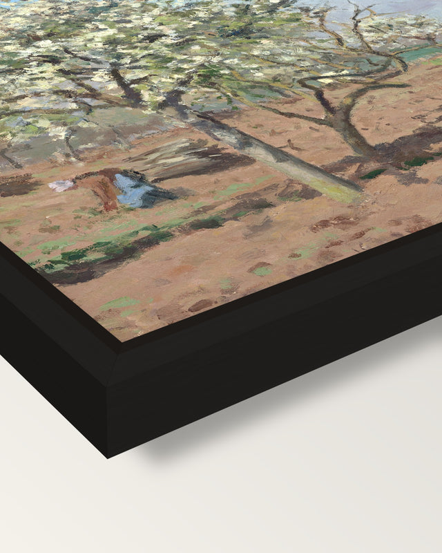 Orchard in Bloom by Pissarro framed canvas, corner close-up: a black floating frame with a shadow gap round the canvas