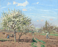 Orchard in Bloom, Louveciennes by Pissarro: fruit trees in white blossom under a blue sky, figures working the brown earth