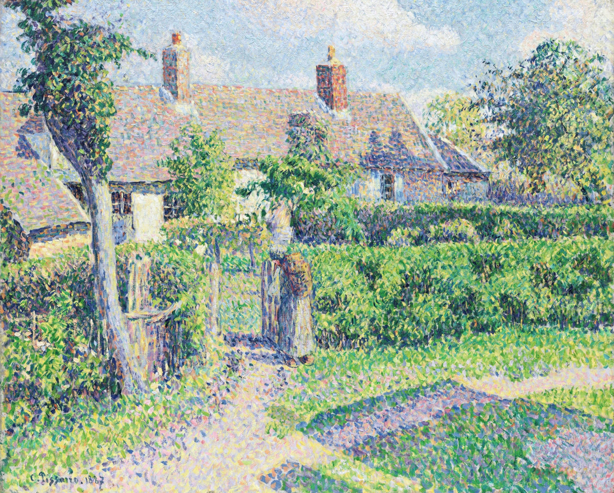 Peasants’ Houses, Éragny by Pissarro: thatched cottages behind green hedges and trees, a woman at a gate, dotted colour