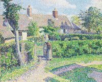 Peasants’ Houses, Éragny by Pissarro: thatched cottages behind green hedges and trees, a woman at a gate, dotted colour