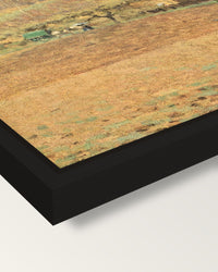 Ploughed Fields by Camille Pissarro framed canvas, corner close-up: a black floating frame with a shadow gap round the canvas