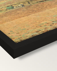 Ploughed Fields by Camille Pissarro framed print, corner close-up: black moulding, mitred, the print set just below its edge