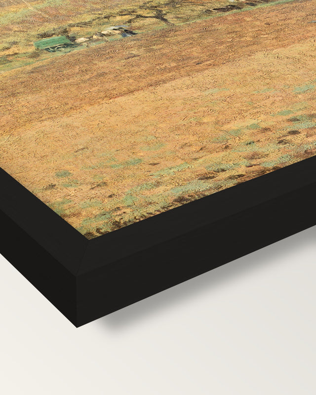 Ploughed Fields by Camille Pissarro framed print, corner close-up: black moulding, mitred, the print set just below its edge