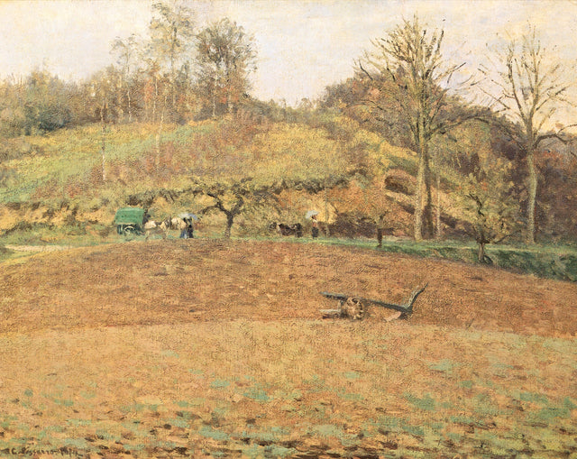 Ploughed Fields by Pissarro: a sunny hillside of freshly ploughed brown earth, a plough in the furrows, bare trees above