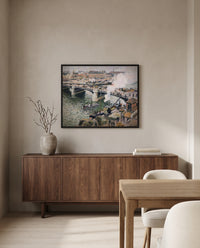 Pont Boieldieu, Rainy Day by Camille Pissarro in a black frame above a walnut sideboard in a dining room
