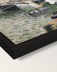 Pont Boieldieu, Rainy Day framed canvas, corner close-up: a black floating frame with a shadow gap round the canvas