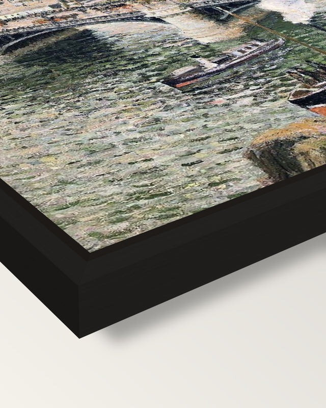 Pont Boieldieu, Rainy Day framed canvas, corner close-up: a black floating frame with a shadow gap round the canvas