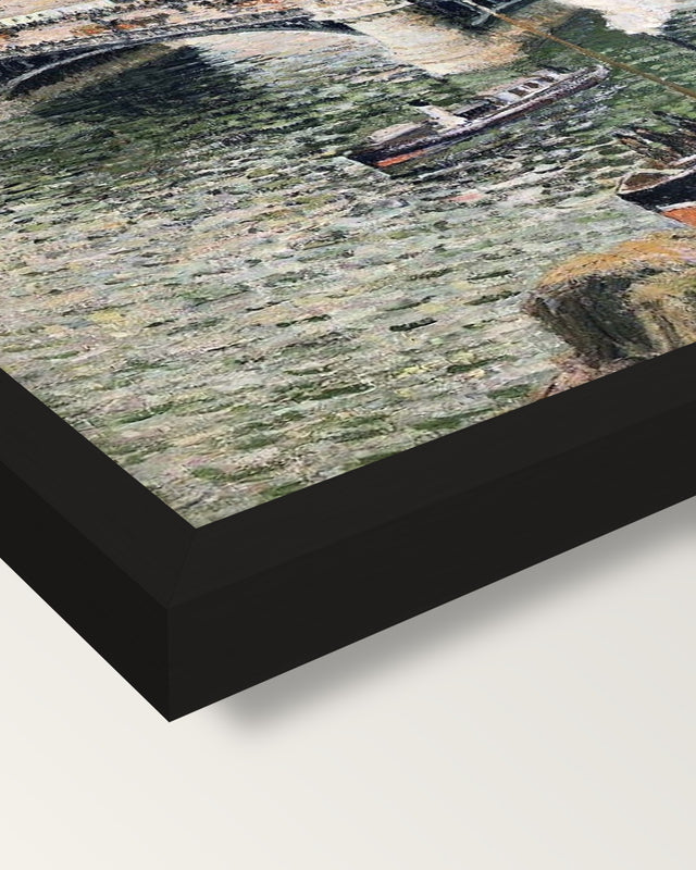 Pont Boieldieu, Rainy Day framed print, corner close-up: black moulding, mitred, the print set just below its edge