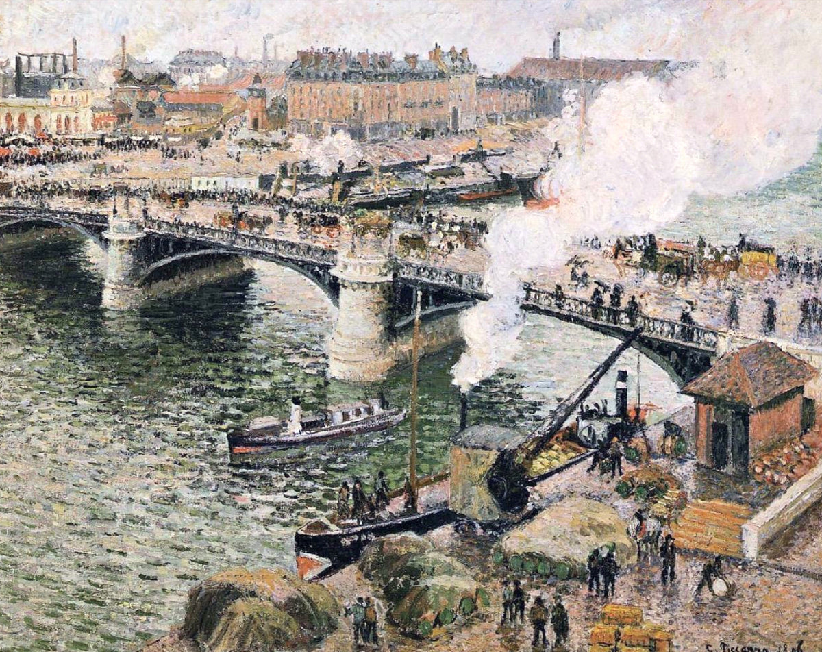 Pont Boieldieu in Rouen by Pissarro: an iron bridge over a grey-green river, steam rising, crowds and cranes on the quays