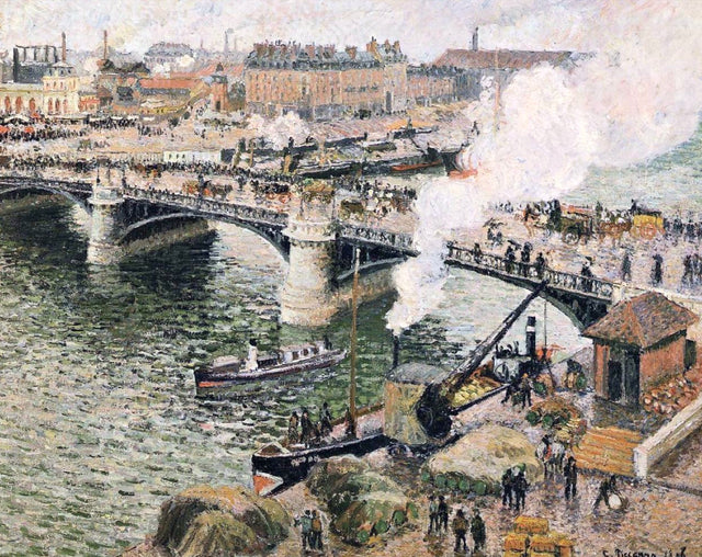 Pont Boieldieu in Rouen by Pissarro: an iron bridge over a grey-green river, steam rising, crowds and cranes on the quays